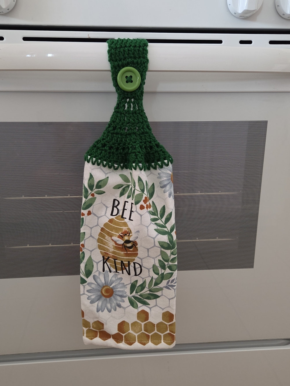 Bee Kind Green Crochet-Top Kitchen Towel